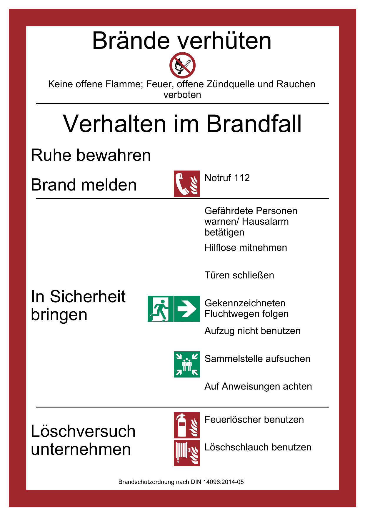 Brandschutzordnung Teil A nach DIN 14096 als Aushang: Brände verhüten und Verhalten im Brandfall