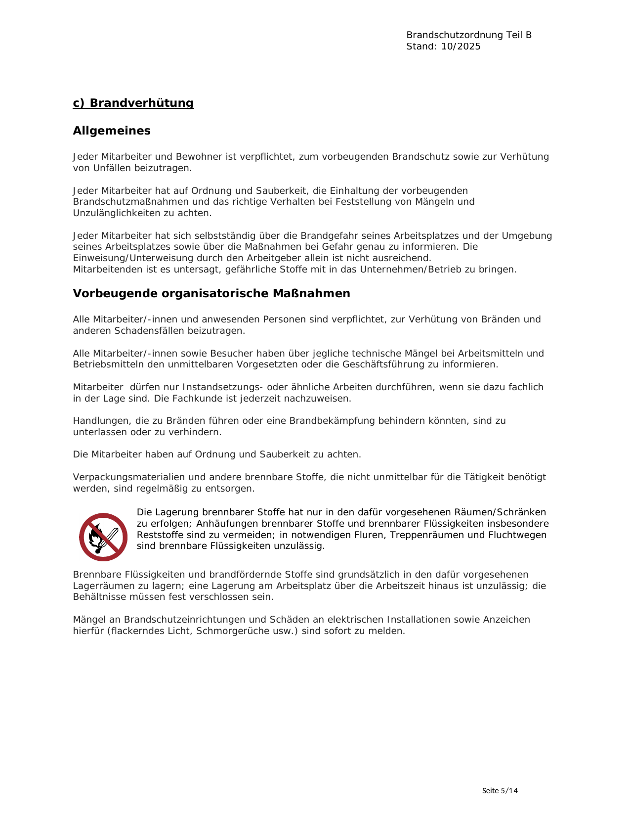Brandschutzordnung Teil B: Kapitel Brandverhütung mit vorbeugenden Maßnahmen und Sicherheitszeichen