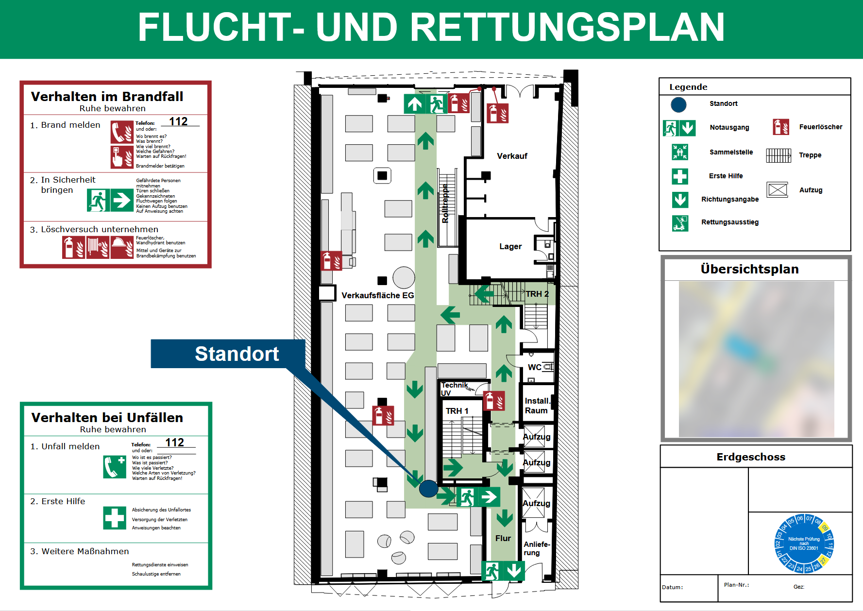 Flucht- und Rettungsplan nach DIN ISO 23601 für ein Erdgeschoss mit Verkaufsfläche, Fluchtwegen, Notausgängen, Feuerlöschern, Standort und Legende