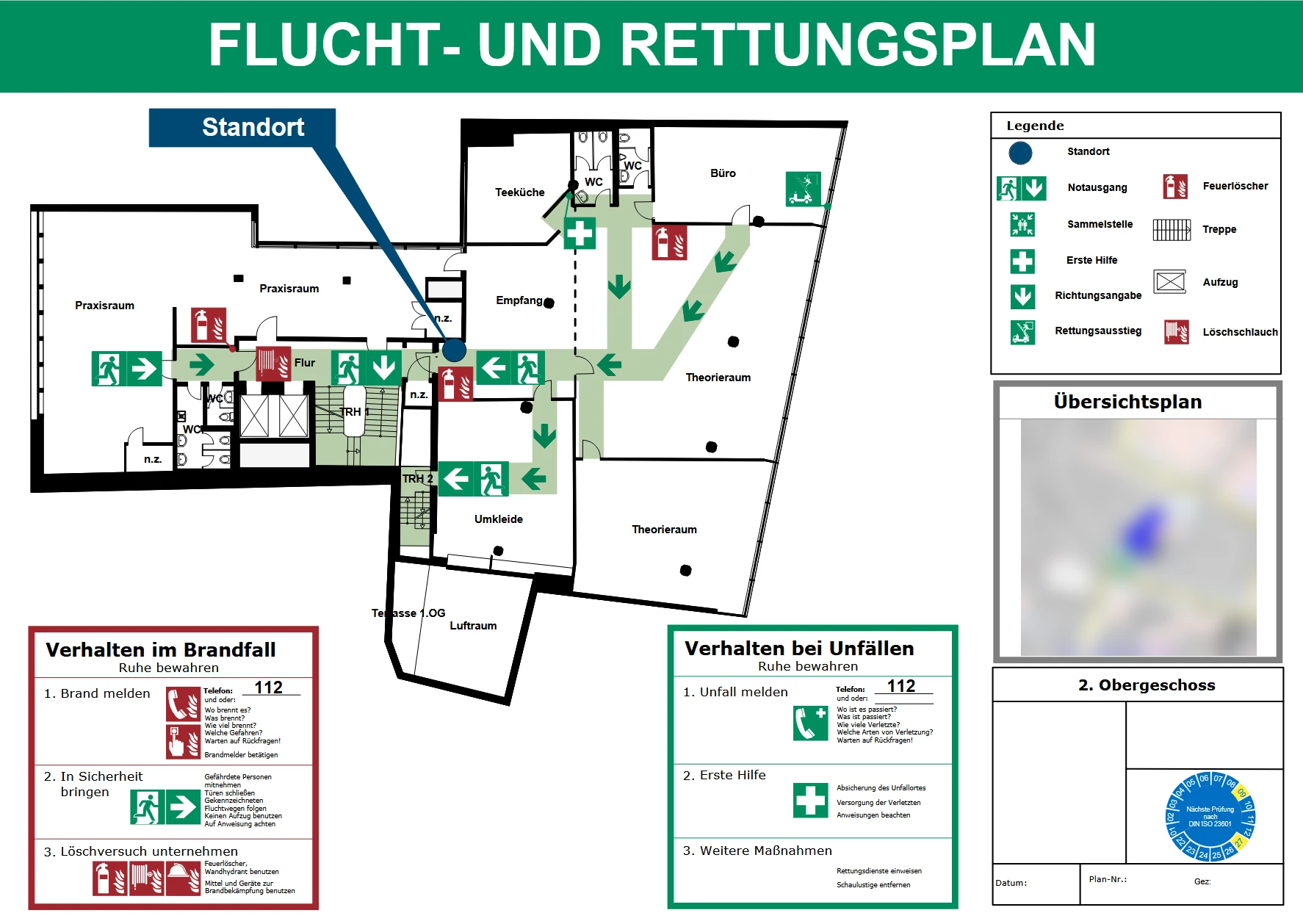 Flucht- und Rettungsplan nach DIN ISO 23601 für ein Obergeschoss mit Theorie- und Praxisräumen, Erster Hilfe, Löschschlauch und Rettungsausstieg